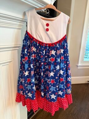 Eleanor Rose Red, White & Blue Star Print Pom Trim Dress